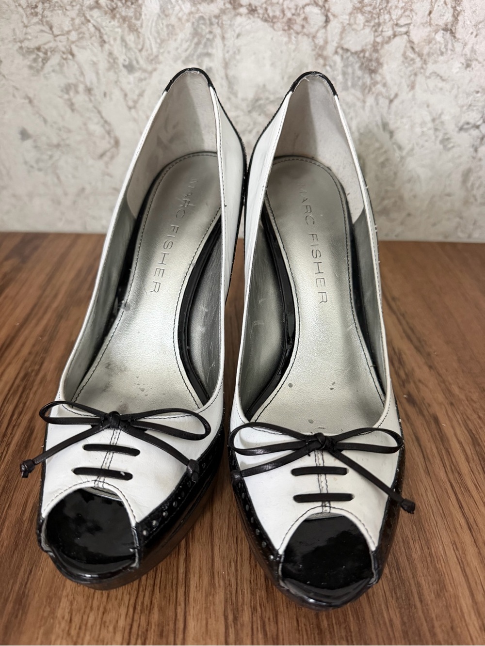 Marc Fisher White and Black Peep-Toe Heels with Bow Detail